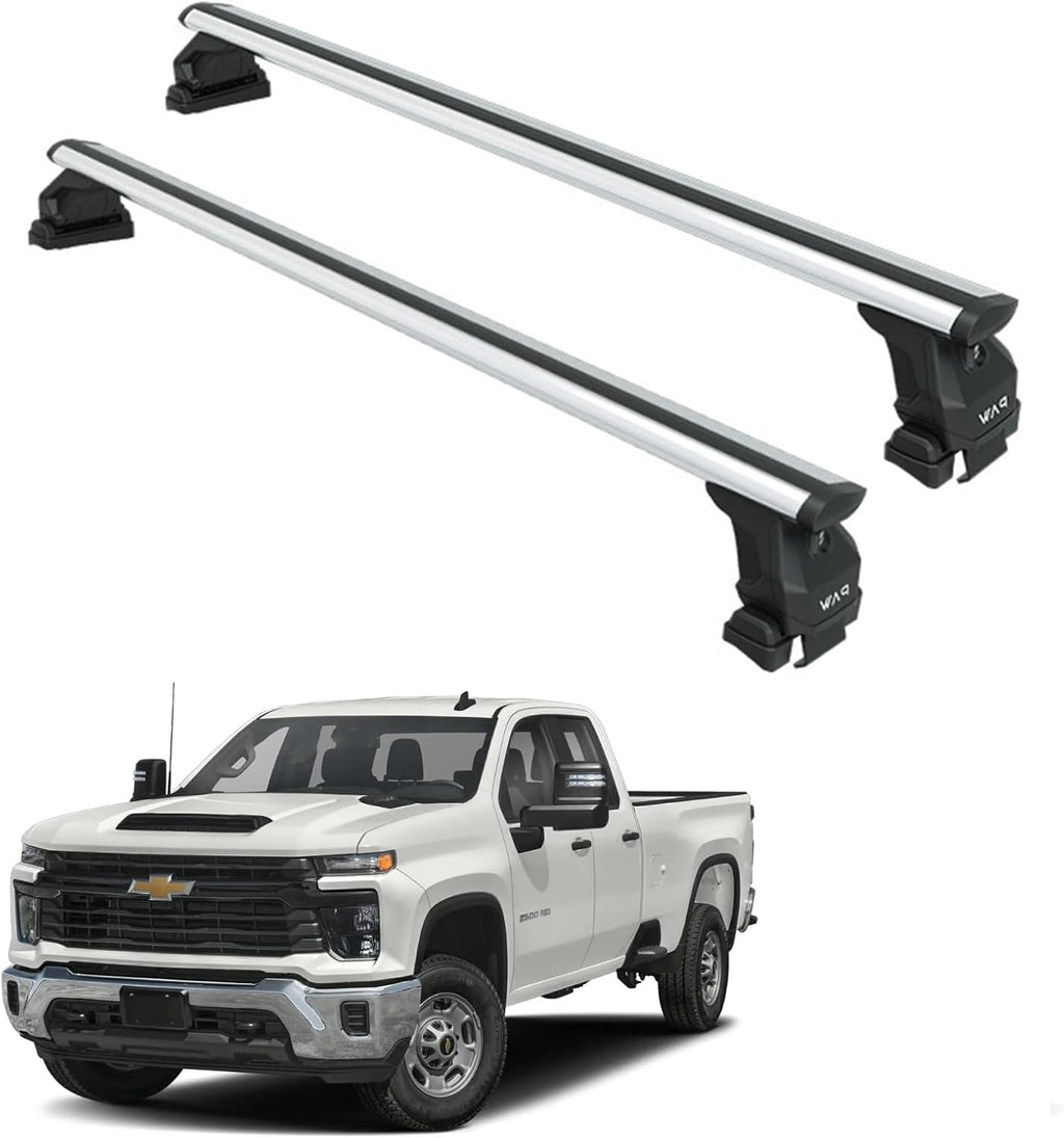 Fits Chevy/Chevrolet Silverado 2500/3500 Roof Rack Cross Bars (2014–Present) – Aluminum T-Slot Bars, Clamp-On, Lockable, Heavy-Duty, No-Drill for Bare Roof (Silver)