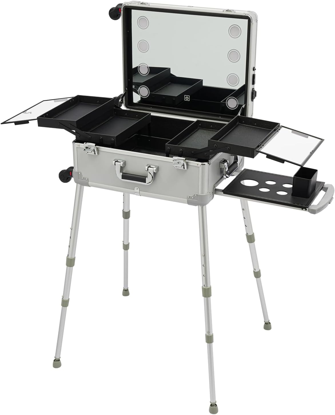21'' Aluminum Lockable Makeup Travel Case, Rolling Makeup Train Case with LED Lights Mirror & Socket and Charging Ports, Makeup Vanity Station for Makeup Artists, Hairdressers, Beauticians (Silver)