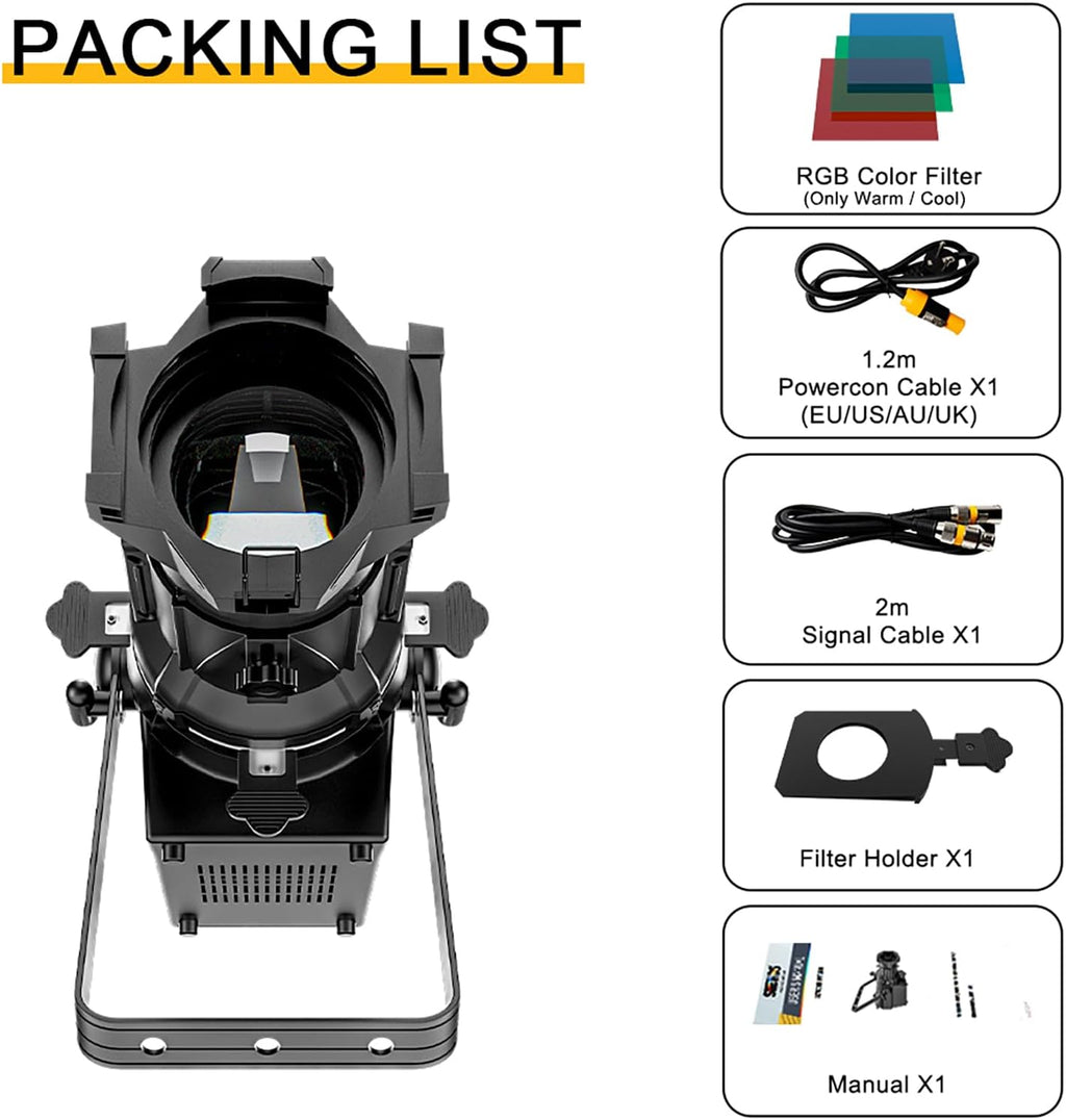 SHEHDS LEKO Profile Stage Spotlights LED Zoom 250W RGBW 4in1, 19° Angle, 2800K to 10,000K Par Ellipsoidal Lights, DMX512 Disco DJ Lights for Show