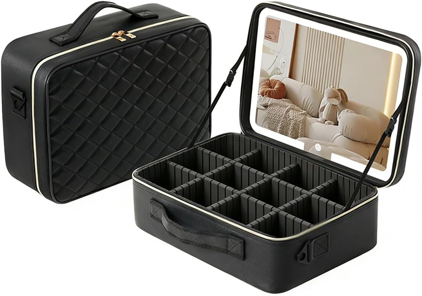 HJXGQJM Black Travel Makeup Bag with LED Mirror 3 Colors Modes, Portable Makeup Organiser with Adjustable Dividers Compartment, Light Up Vanity Case, Makeup Storage for Women