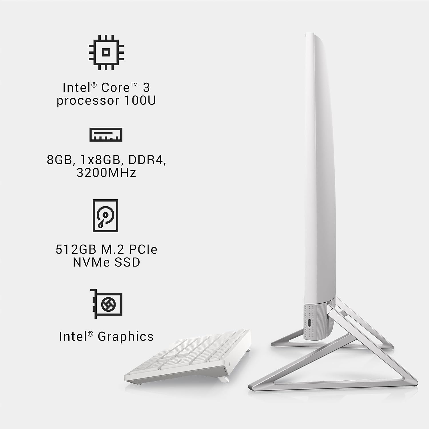 Dell Inspiron 5430 All in One Desktop - 23.8-inch FHD (1920 x 1080) Display, Intel Core 3-100U, 8GB DDR4 RAM, 512GB SSD, Integrated Graphics, Windows 11 Home, Onsite Service - White