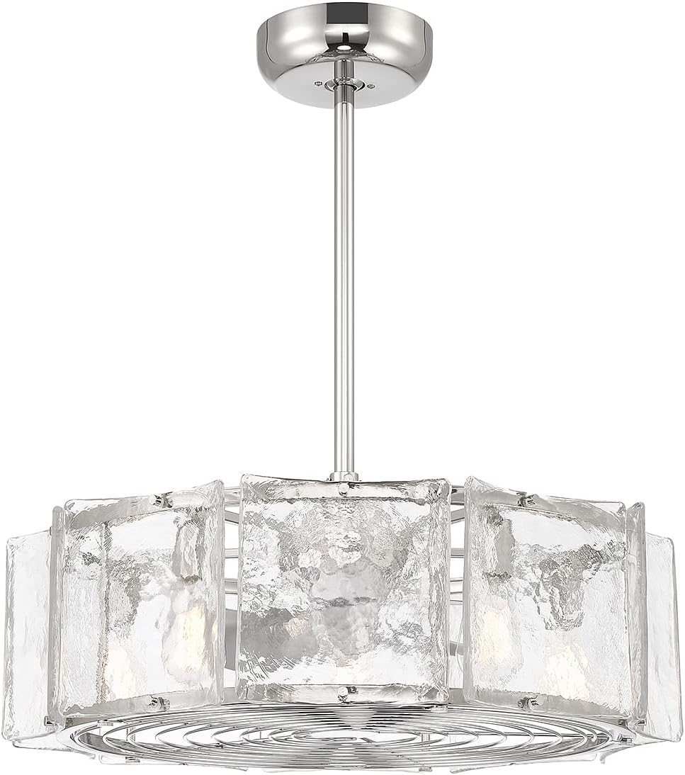 Savoy House 27-FD-8201-109 Genry Fandelier Coastal Clear Water Piastra Glass Drum Chandelier Ceiling Fan with Light and Remote, 5-Light 40 Total Watts, 17' H x 27' W, Polished Nickel