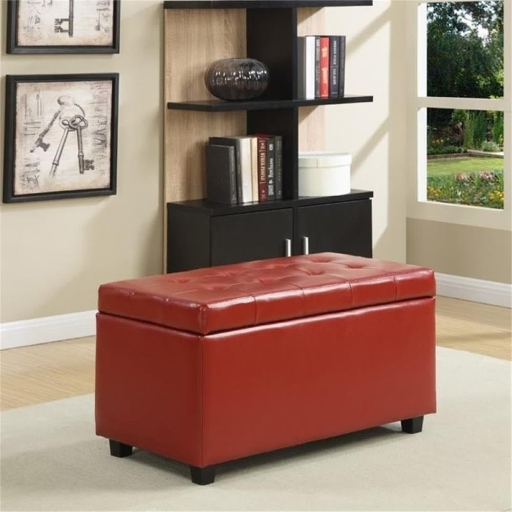 SIMPLIHOME Cosmopolitan Storage Ottoman - 34 inch Wide Upholstered Vegan Leather Rectangle Storage Ottoman Bench in Red, Transitional Tufted Ottoman for Living Room or Entryway with Lift-Up Lid