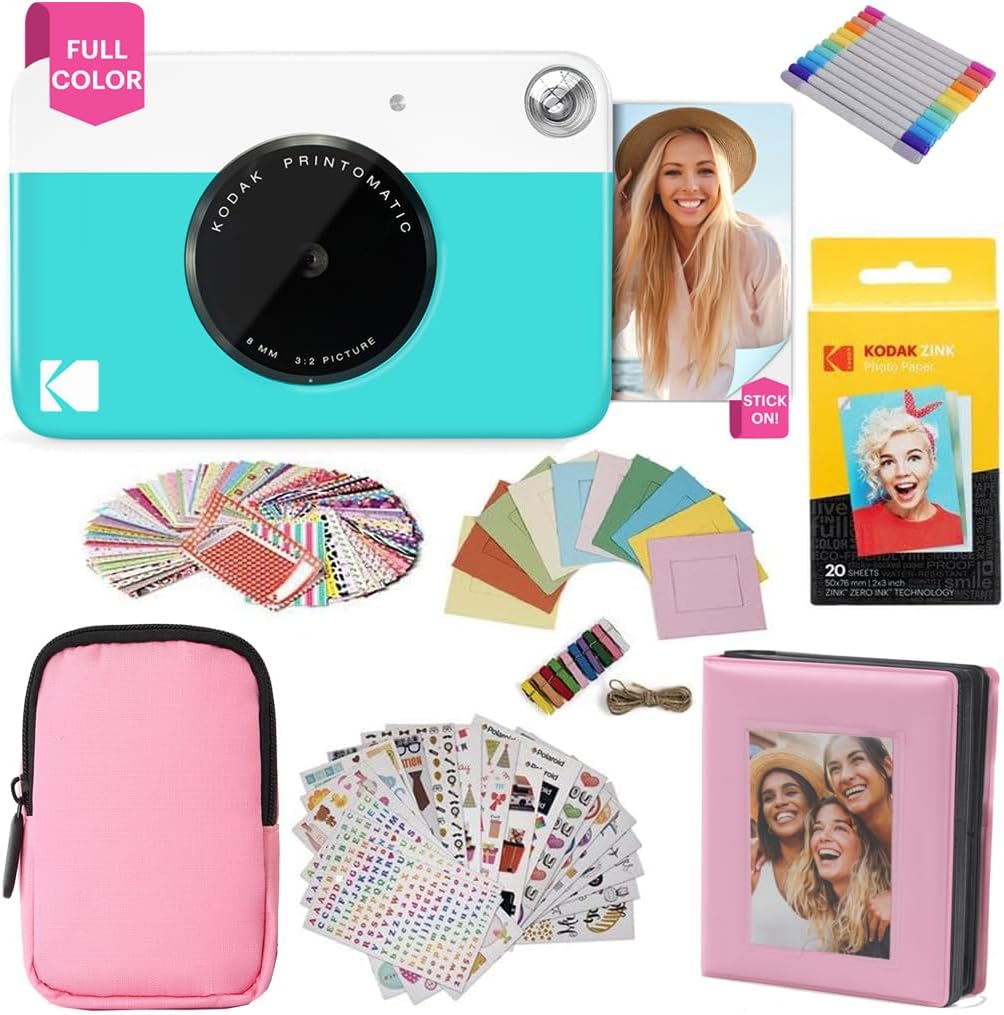 Kodak Printomatic Full-Color Instant Print Camera Gift Bundle + Soft Case + Zink 2x3 Sticky Back Photo Paper 20pk + Album + Sticker Sets + Sticker Frames + Hanging Frames + Markers, Fun Gift - Blue