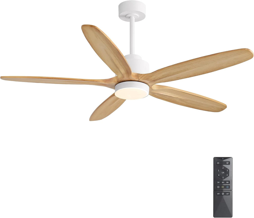 WINGBO 54' Ceiling Fan with Light - 5 Carved Solid Wood Blades, 6-Speed Reversible DC Motor, Dimmable, 3CCT, Noiseless Remote Control Ceiling Fans with Lights for Bedroom Living Room, White and Oak