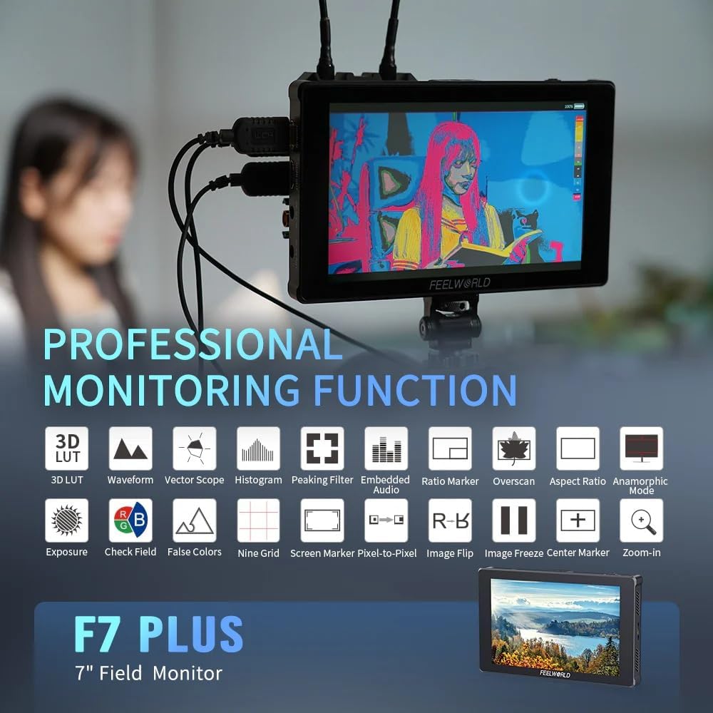 FEELWORLD F7 Plus 7-Inch Camera Monitor, 1200nit HD 1920x1200 IPS Touch Screen Camera Field Monitor with 3D LUT,4K HDMI,HDR Waveform Focus Peaking, External Install and Power Design