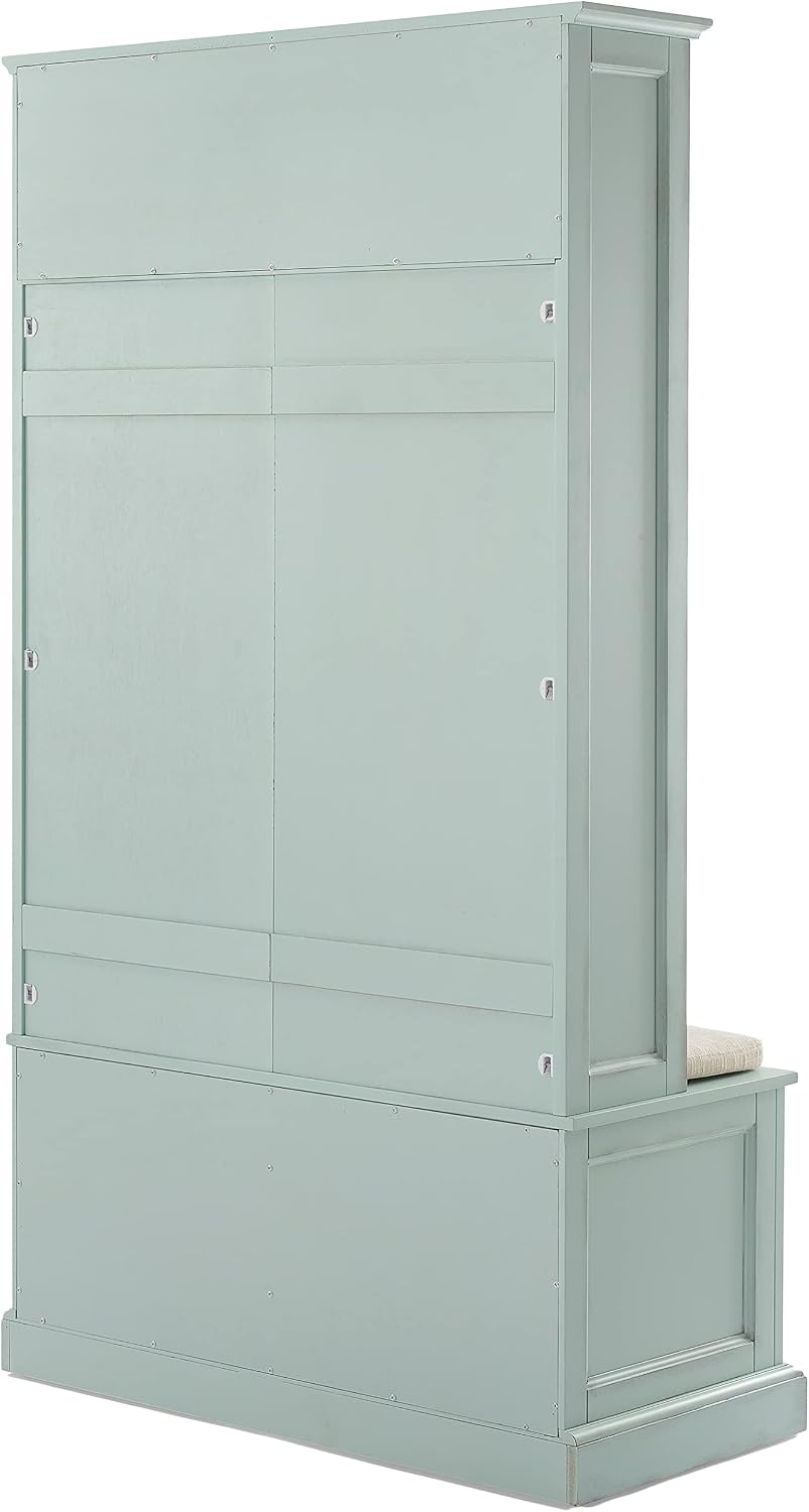 Crosley Furniture Holbrook Hall Tree with Shoe Rack Bench and Coat Hooks for Hanging Storage, Distressed Seafoam Blue