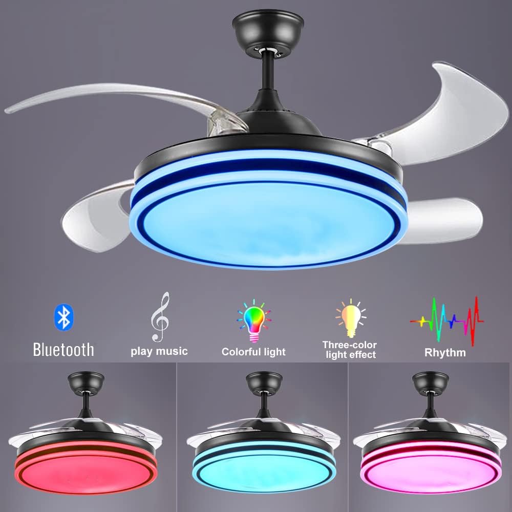 Retractable Ceiling Fan with Lights, Bluetooth Speaker - 42'' Color Changing Black Ceiling Fan, Alexa/Google App Control, Invisible Blades, Dimmable Lights - Remote Control for Kids Room Bedroom
