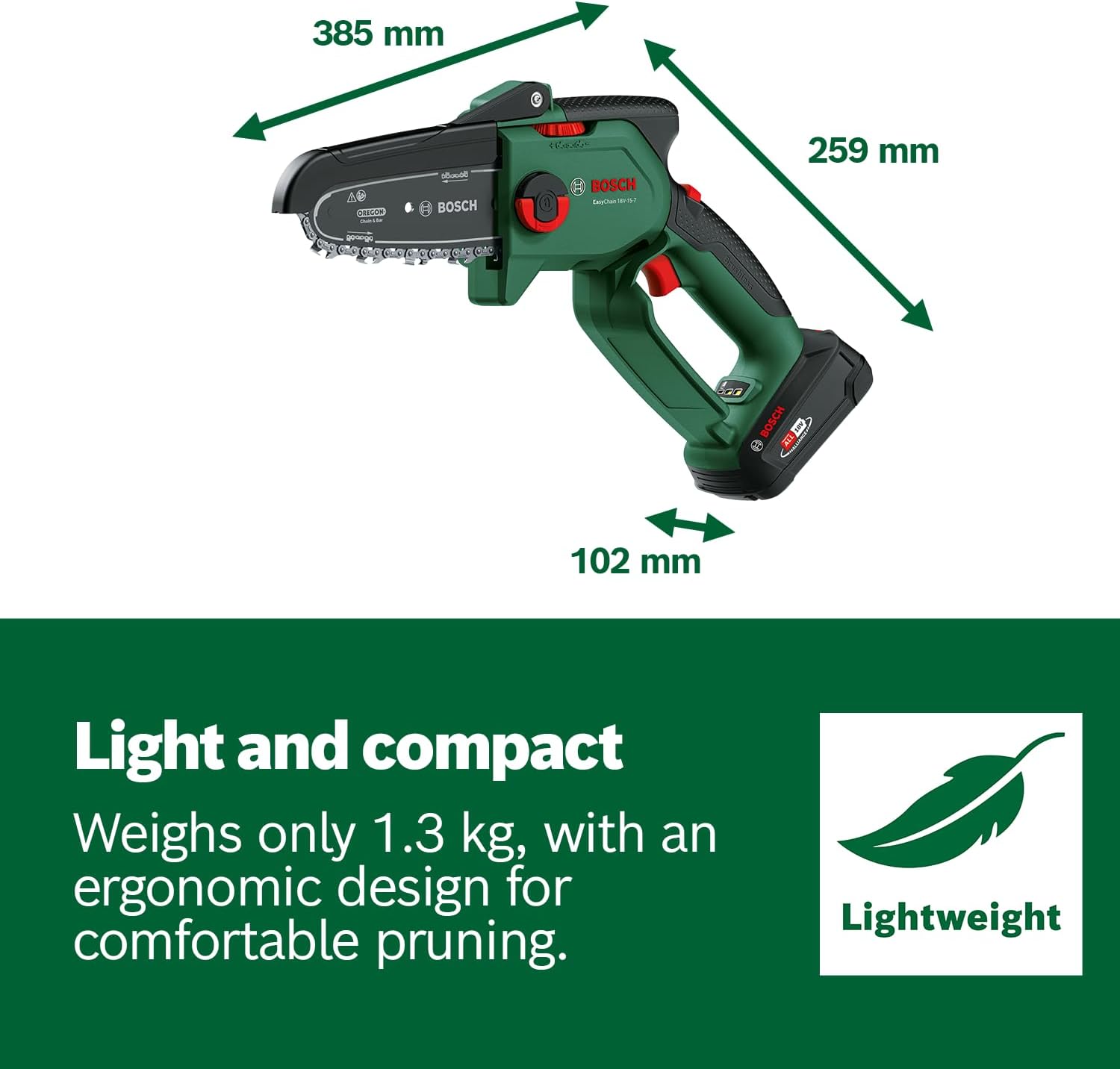 Bosch Home and Garden Cordless Compact Pruner Saw EasyChain 18V-15-7 (for Cutting Through Wood; 18 Volt System; Chain Speed: 6.95m/s; Without Battery)