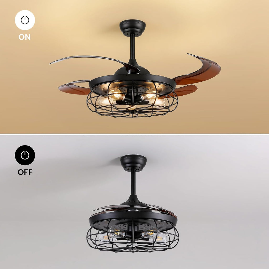 48' Industrial Caged Ceiling Fan with Light and Remote, Vintage Retractable Blades Ceiling Fan with Lights, Farmhouse Black Fandelier for Bedroom Living Room Dining Room