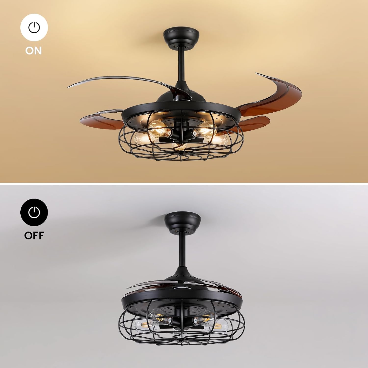 48' Industrial Caged Ceiling Fan with Light and Remote, Vintage Retractable Blades Ceiling Fan with Lights, Farmhouse Black Fandelier for Bedroom Living Room Dining Room