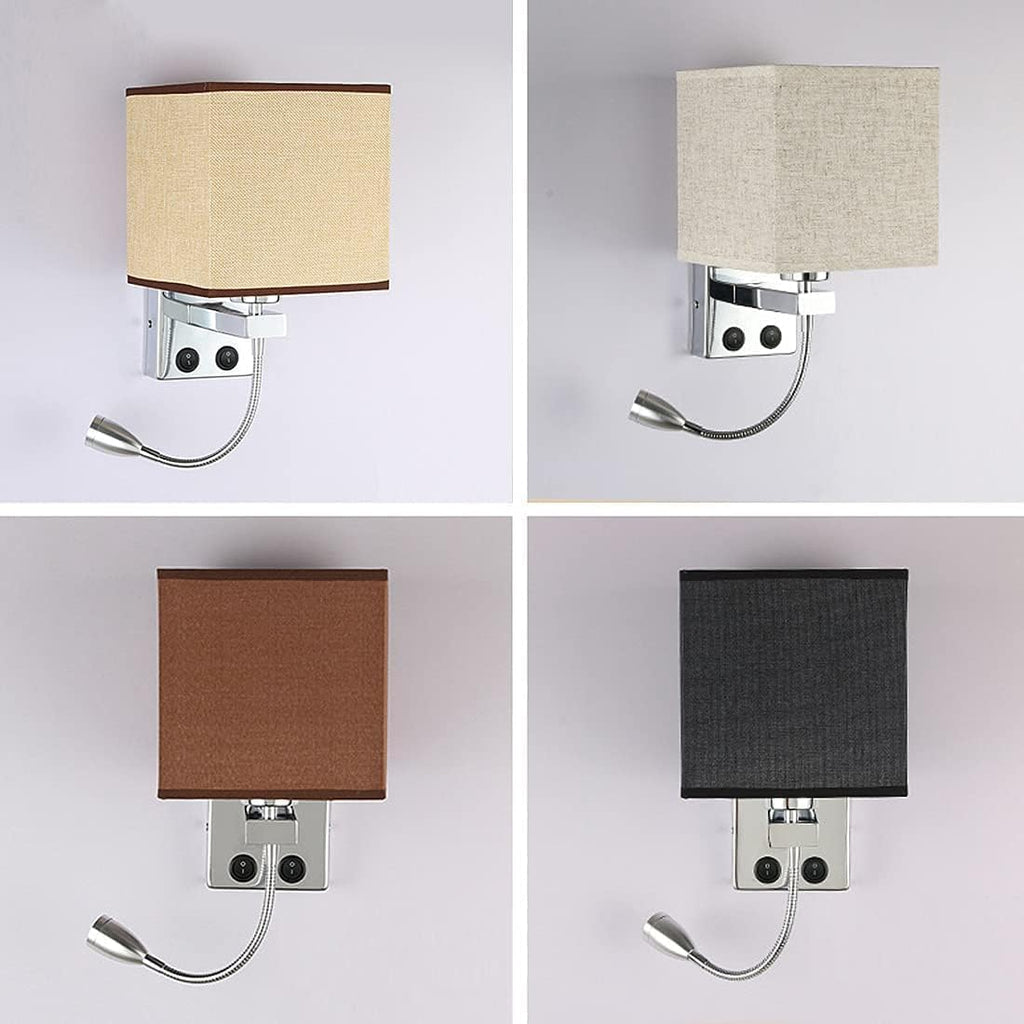 Wall Lamps with LED Reading Light, Bedside Sconce with Switch, Lamp Fabric Lampshade with 2 Points, Adjustable Indoor Spotlights, Brown