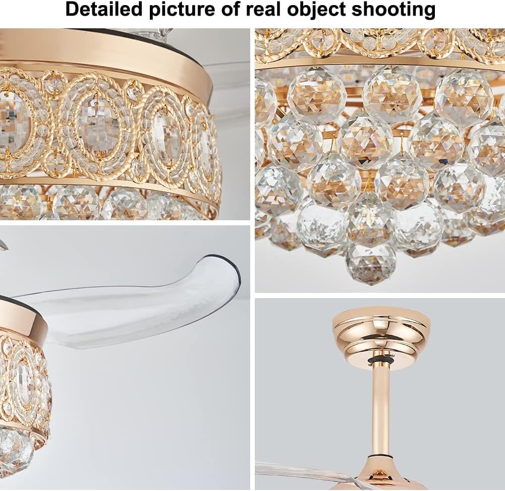 FRIXCHUR 42″ Dimmable Gold Crystal Chandelier Ceiling Fan Modern LED Fandelier Flush Mount Ceiling Fan with Lights and Remote, 6 Speed 3 Color Fans for Living Room Bedroom