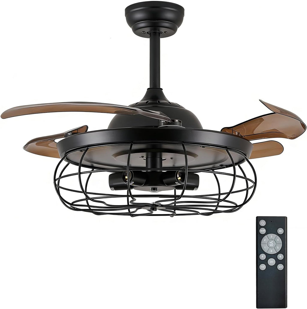 DuMaiWay 36' Caged Ceiling Fan, Industrial Retro Ceiling Fans with Remote Controller Vintage Style for Farmhouse/Living Room/Bedroom/Restaurant 5 Lights 3 Fan Blades Black