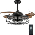 DuMaiWay 36' Caged Ceiling Fan, Industrial Retro Ceiling Fans with Remote Controller Vintage Style for Farmhouse/Living Room/Bedroom/Restaurant 5 Lights 3 Fan Blades Black