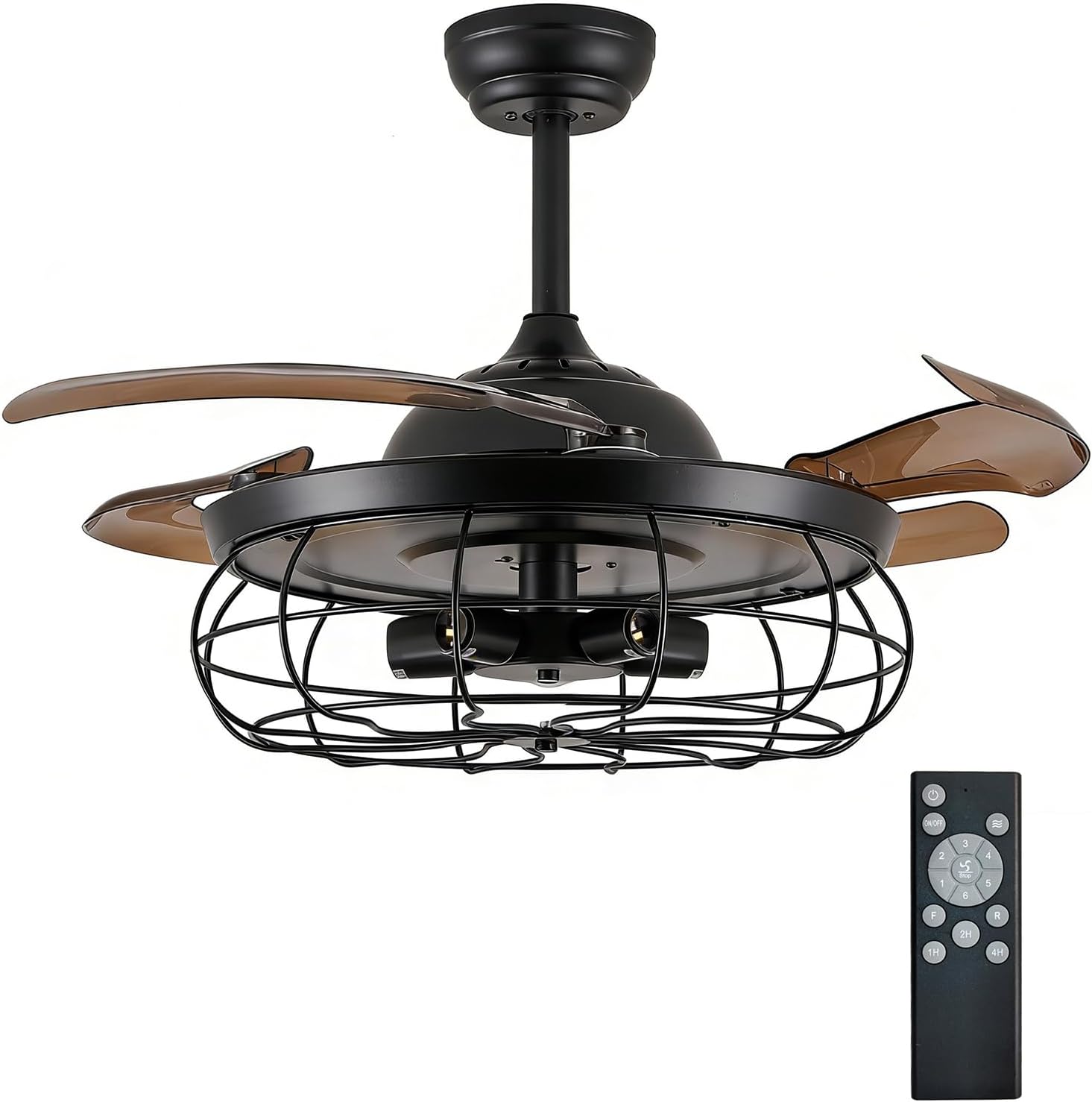 DuMaiWay 36' Caged Ceiling Fan, Industrial Retro Ceiling Fans with Remote Controller Vintage Style for Farmhouse/Living Room/Bedroom/Restaurant 5 Lights 3 Fan Blades Black