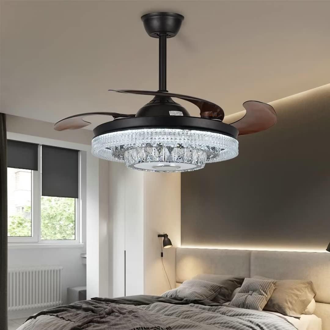42' Modern Crystal Chandelier Ceiling Fans with Lights Remote Control, Black Rectractable Blade Fandelier with Bluetooth Speaker Forward Reverse 6 Speeds 7 Dimmable for Living Room Bedroom