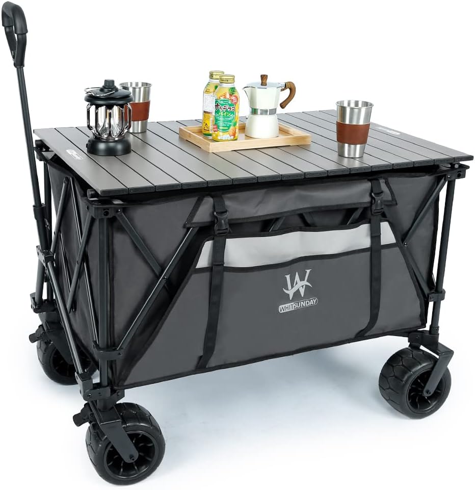Whitsunday Heavy Duty Collapsible Wagon Cart,440Lbs Folding Outdoor All Terrian Wheel Utility Camping Park Wagon Cart with Table Grey