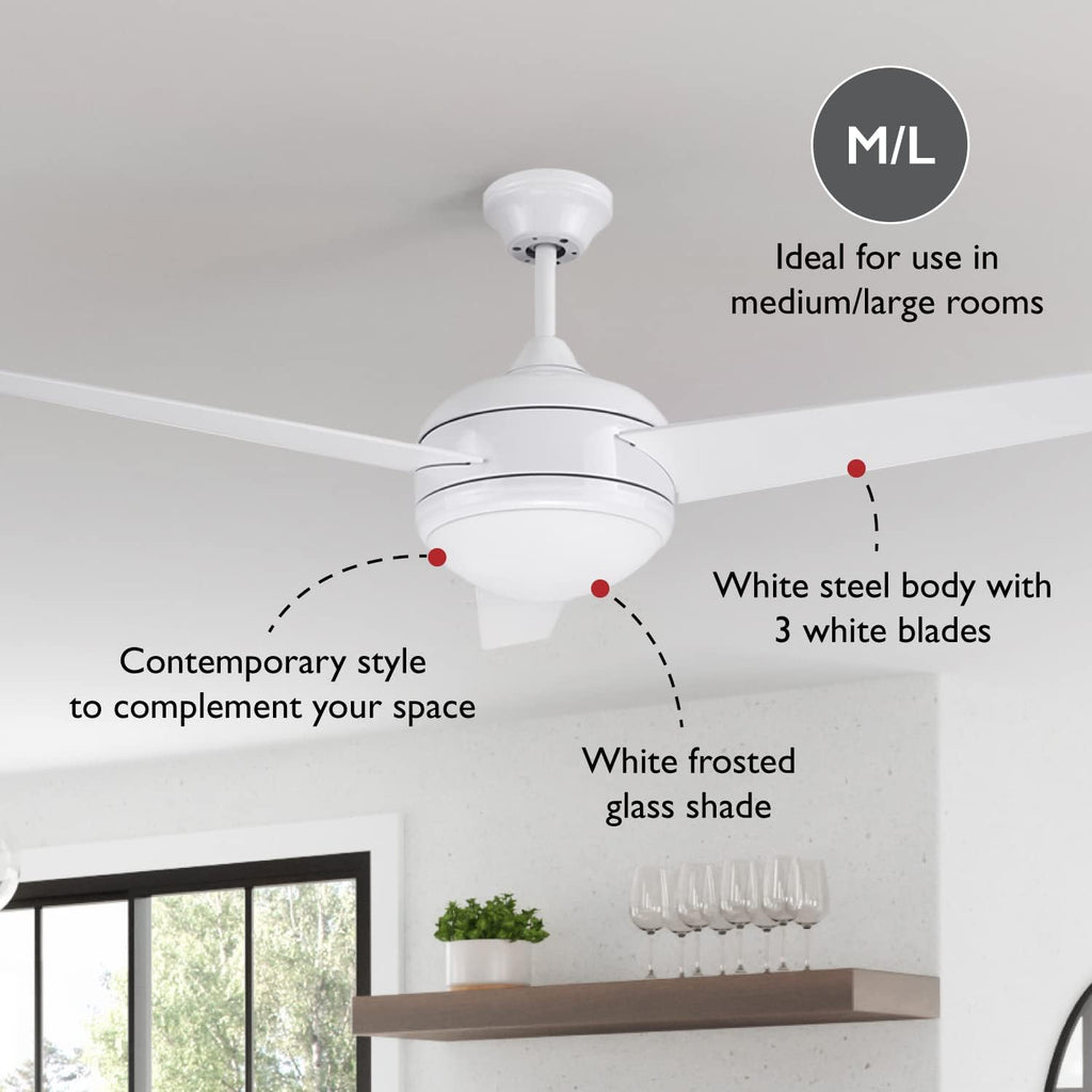 Design House 156513-WHT Treviento LED 52-inch Contemporary Indoor Ceiling Fan with LED Light Kit, 3-Blade, Reverse Airflow, Remote Control, White