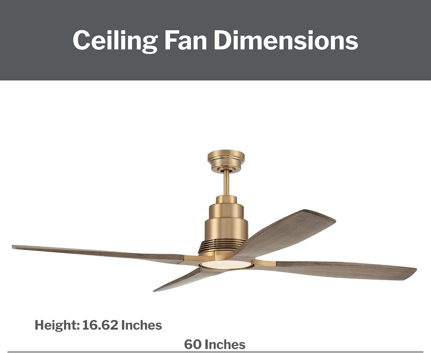 Craftmade RIC60SB4 | 60″ Satin Brass Ceiling Fan with Integrated LED Light (1005 Lumens, 3000K) | 4 or 2 - Blade Driftwood Finish | 6-Speed Reversible DC Motor | Dual-Mount Ceiling Fan | Indoor Use