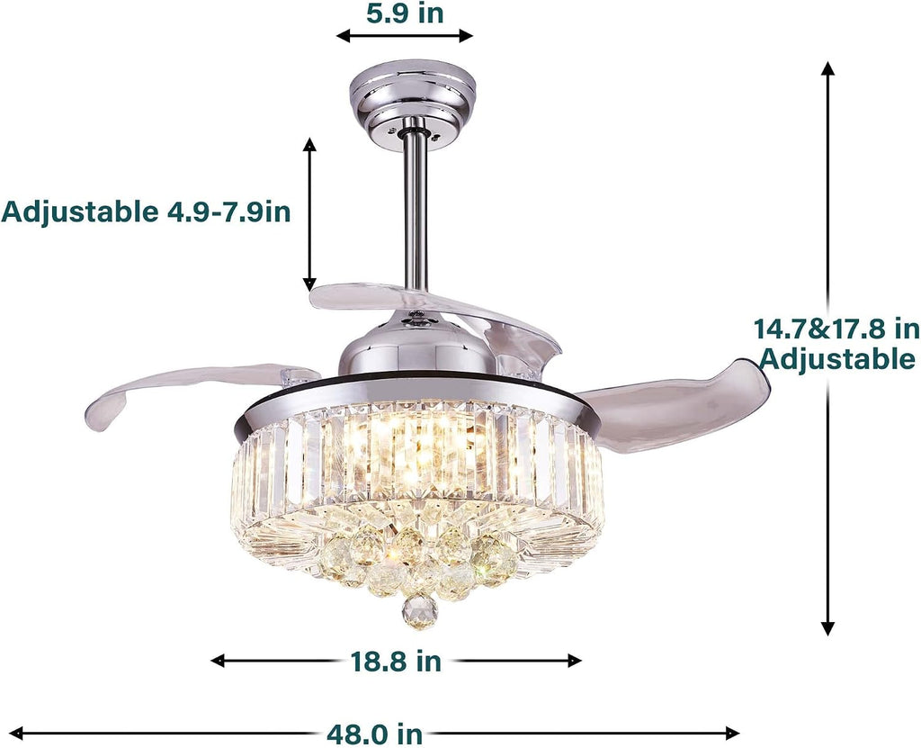 DuMaiWay 48' Chandelier Ceiling Fan with Lights, Fandelier, Retractable Crystal Ceiling Fan Chandelier with Remote Control LED Light for Bedroom Living Room Polished Chrome Silver 6 Speed 3 Light