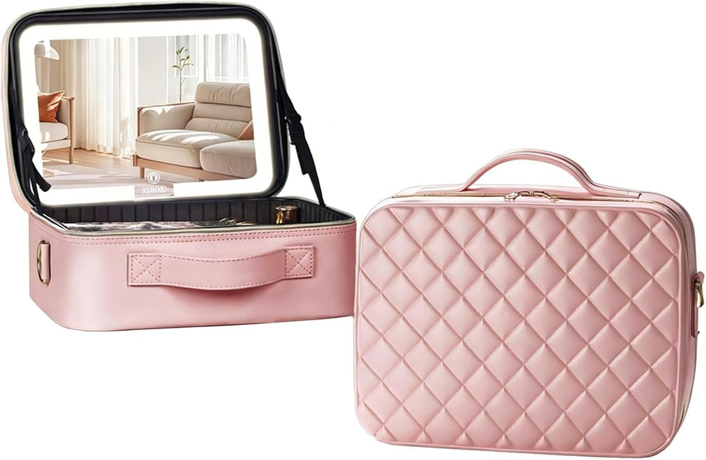 HJXGQJM Travel Makeup Bag with Led Light Mirror, Large Capacity Cosmetic Organizer Vanity Travel Case for Make Up with Adjustable Compartment，Tri-Colour Light Source