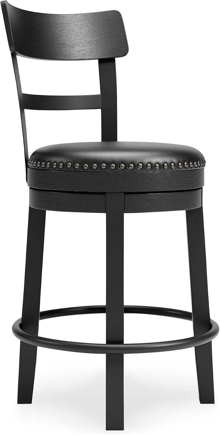 Signature Design by Ashley Valebeck Faux Leather Upholstered Swivel Barstool, Nailhead Trim, Solid Wood, 16.75' W x 19.75' D x 37.25' H, Antique Black