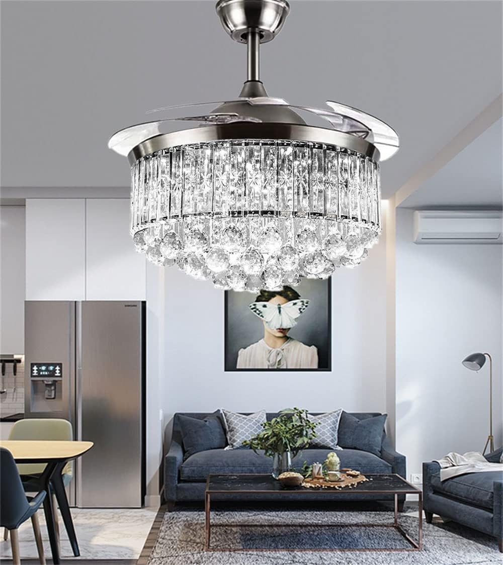42' Modern Fandelier Retractable Ceiling Fan with Light Remote Control Crystal Chandelier Fan with 3 Color Changes 3 Fan Speeds Silent LED Ceiling Fan for Dining Living Room Bedroom