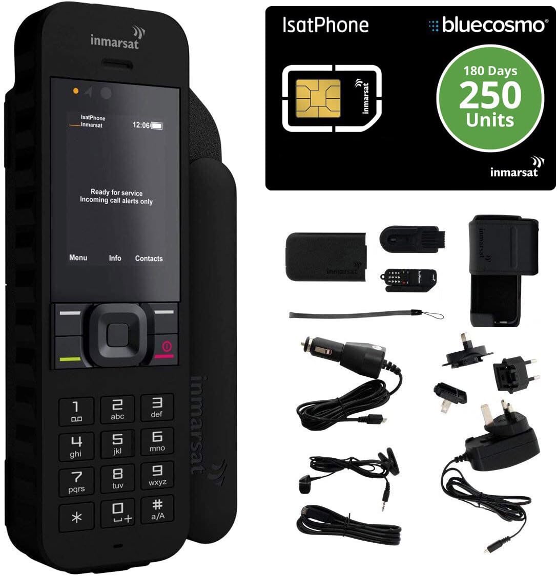 BlueCosmo Inmarsat IsatPhone 2.1 Satellite Phone Kit & 250 Unit Prepaid SIM (180 Days) - Global Coverage - Voice, SMS, GPS Tracking, Emergency SOS