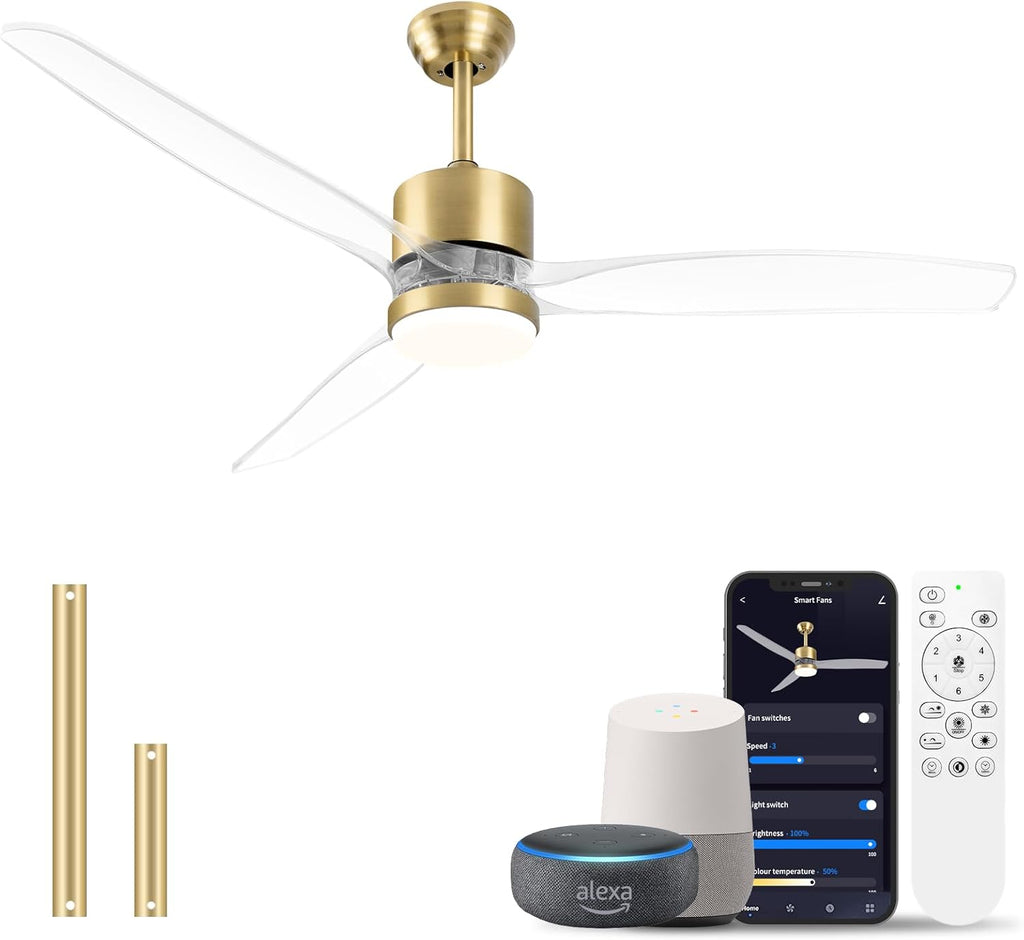 OKELI 52' Smart Ceiling Fan with Light, WiFi Enabled for Alexa & App Control, Reversible Gold Modern Ceiling Fan with Dimmable LED Light and Remote, Clear Blades for Living Room Bedroom