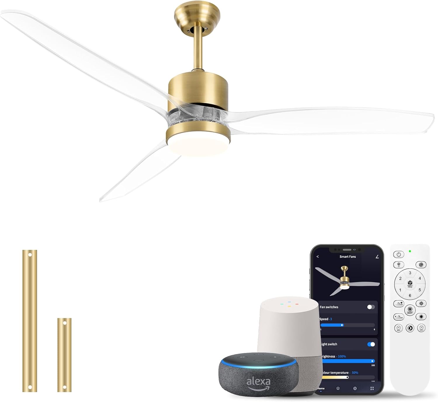 OKELI 52' Smart Ceiling Fan with Light, WiFi Enabled for Alexa & App Control, Reversible Gold Modern Ceiling Fan with Dimmable LED Light and Remote, Clear Blades for Living Room Bedroom