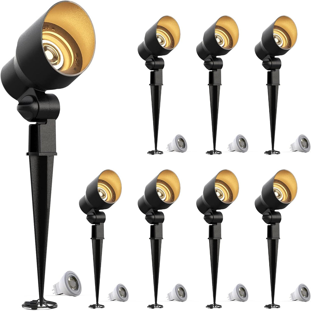GOODSMANN Low Voltage Landscape Flood Lights 8PK Kit 3W LED 200 Lumen Outdoor Spotlights 3000K Warm White Replaceable LED Outside Hardwired Lighting with Metal Stakes Cable Connectors Replaceable