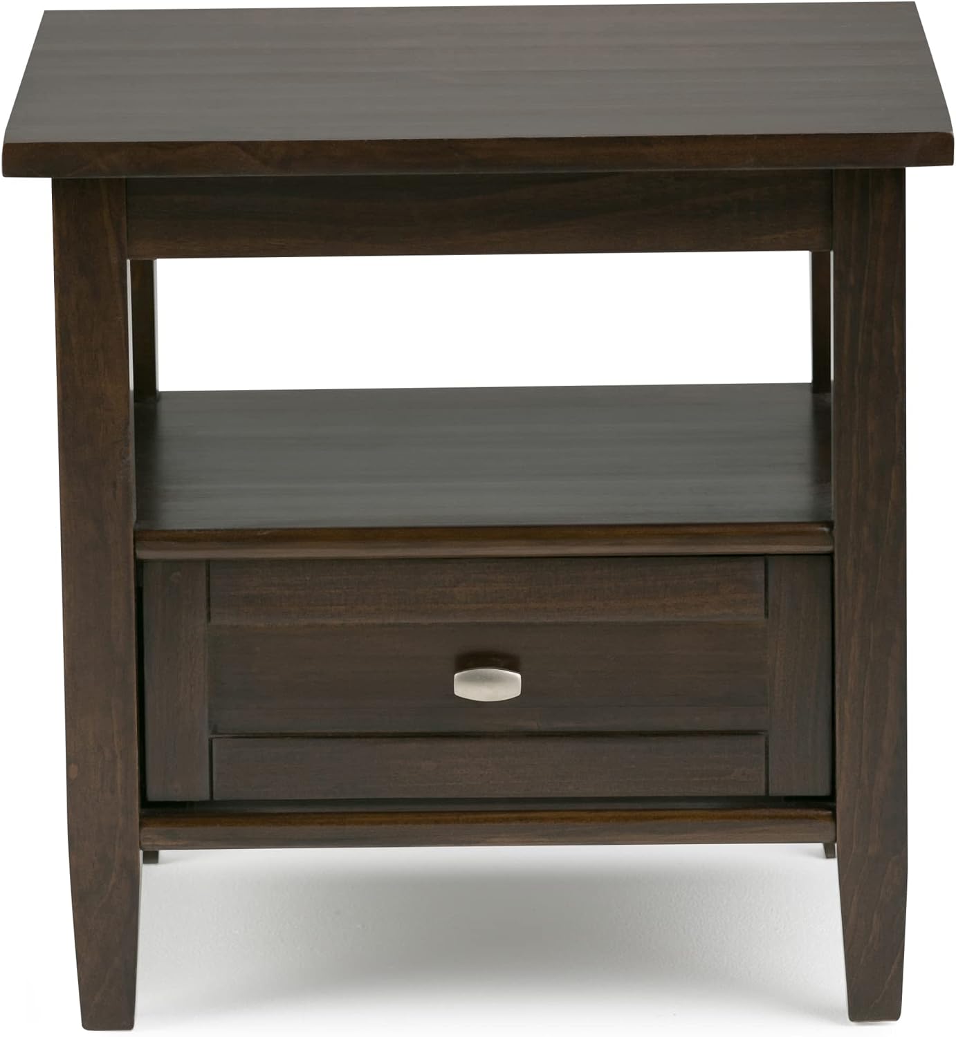 SIMPLIHOME Warm Shaker End Table - 20' Wide x 20' High Solid Wood Side Table in Tobacco Brown, Transitional Accent Table for Living Room or Bedroom with Drawer, Open Shelf and Square Tapered Legs