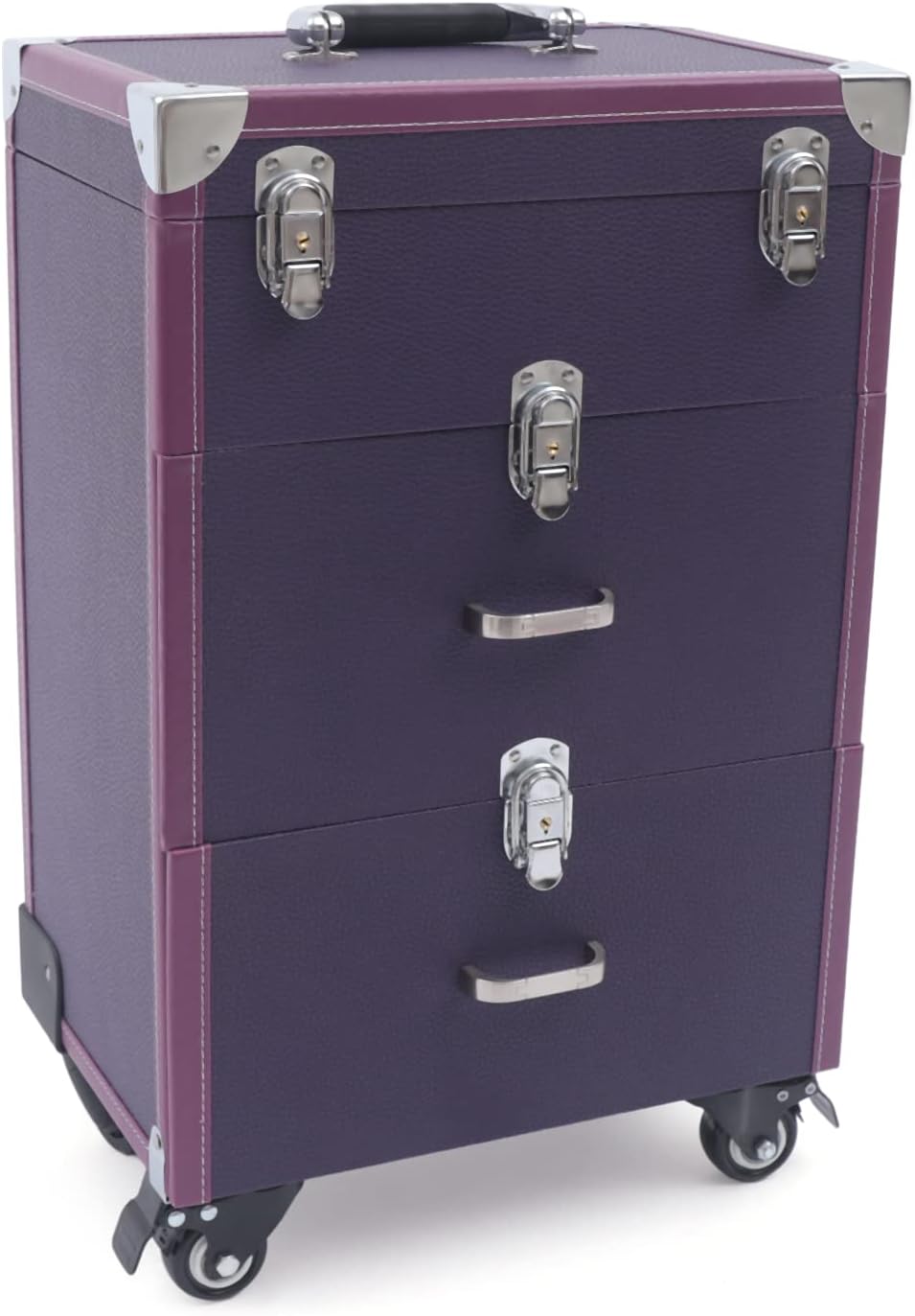 Professional Rolling Makeup Case Train Case Cosmetic Organizer Trolley Lockable Rolling Make-ups Case Storage Cart Makeup Train Case Cosmetology Case On Wheels (Purple|3 trays|Type C)