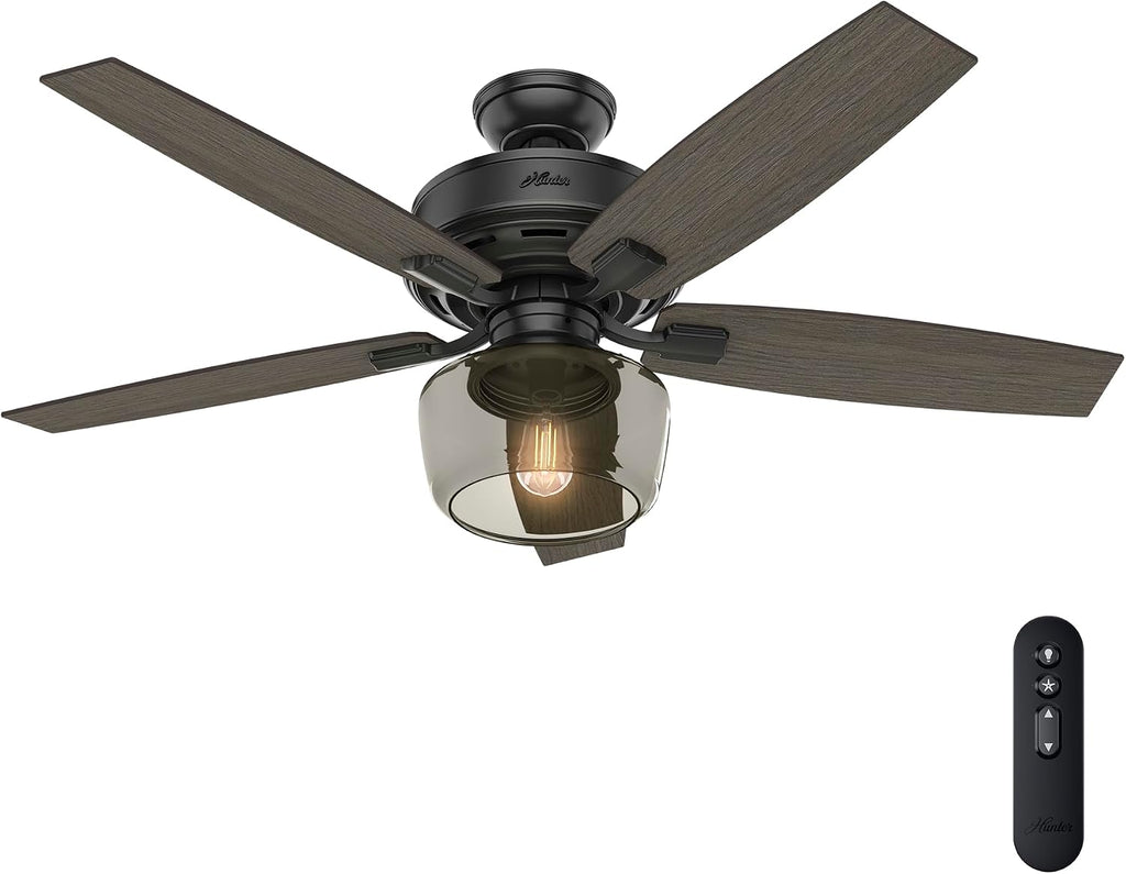 Hunter 52 inch Indoor Ceiling Fan with LED Light and Remote Control - Standard Mount Black Ceiling Fan, 5 Blades, For Bedroom, Living Room, or Kitchen, Quiet - Bennett 54187, Matte Black