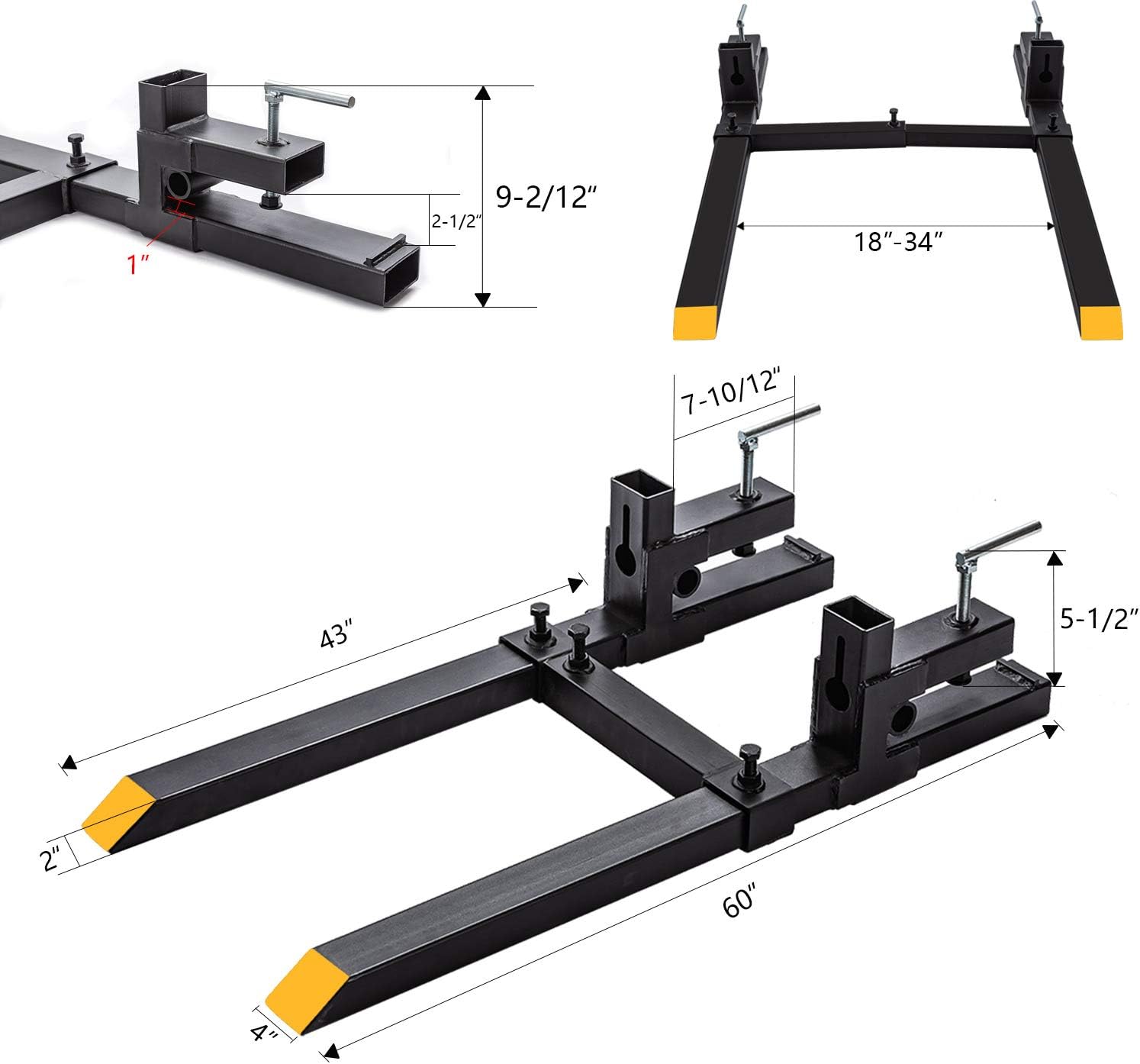 Heavy Duty Clamp on Pallet Forks w/Adjustable Stabilizer Bar -60' 4000lbs Max- Pallet Forks Clamp On for Tractor Bucket (60inch Total Length）