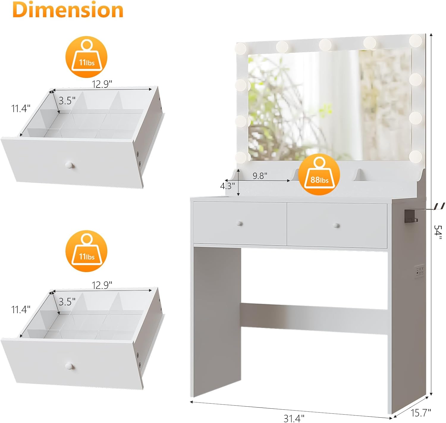VINGLI 31.5' Small Vanity Desk with Mirror and Lights, Glass Top Makeup Vanity Table, White Dressing Table w/Hollywood Bulbs & Big Mirror, Corner Vanity for Bedroom, Girls Vanities