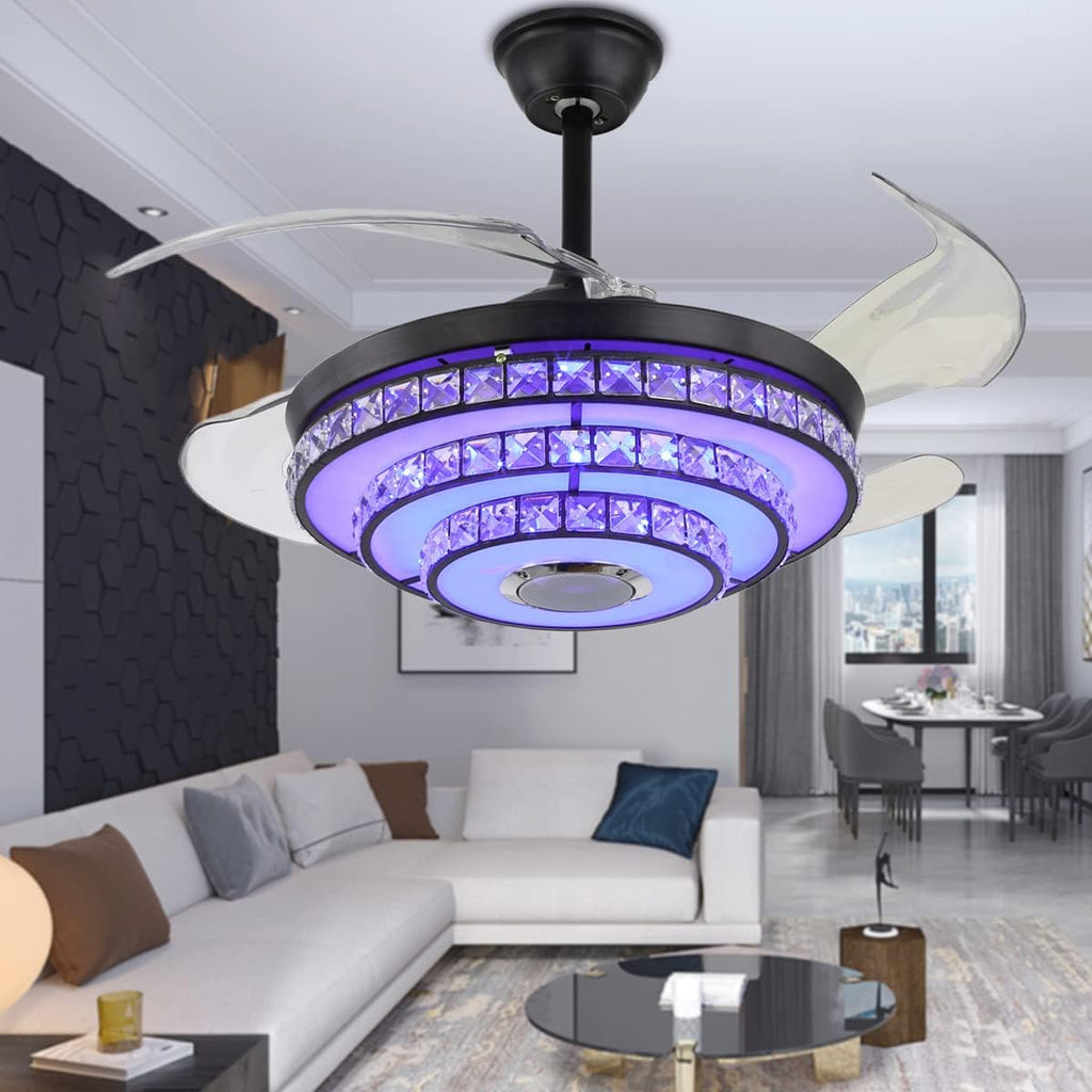 42' Retractable Fandelier Ceiling Fans with Lights Remote Control, Modern Crystal Chandelier with Bluetooth Speaker Reversible Silent Motor 7 Colorul Lighting 6 Speed for Living Room Bedroom
