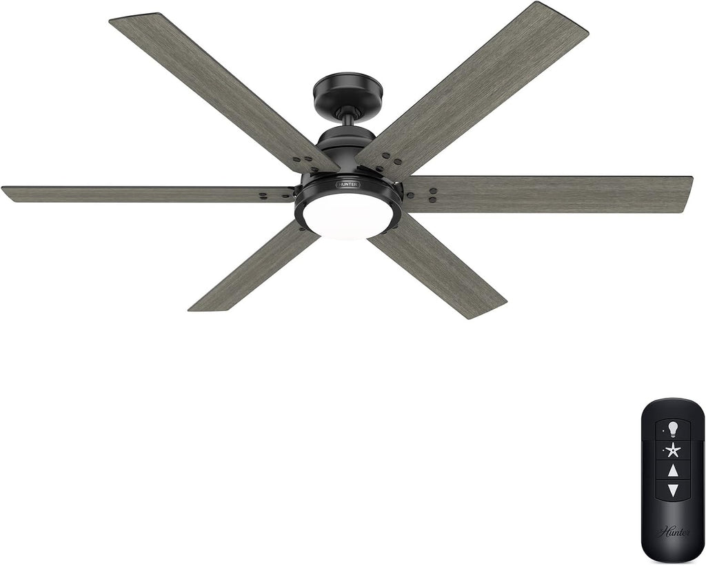 Hunter 60 inch Indoor Ceiling Fan with LED Light and Remote Control - Black Smart Ceiling Fan, Standard Mount, 6 Blades, For Bedroom or Living Room, Quiet - Gravity 51951, Matte Black