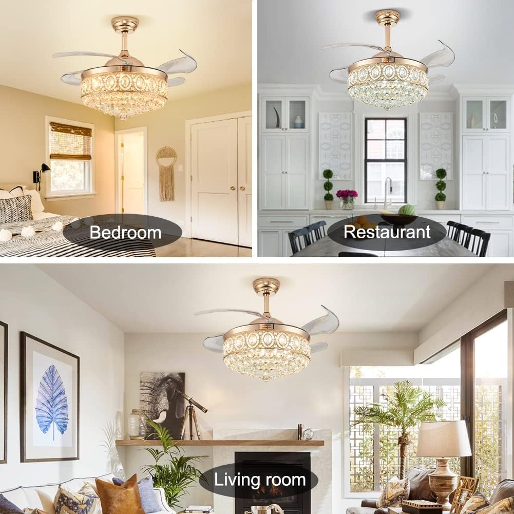 FRIXCHUR 42″ Dimmable Gold Crystal Chandelier Ceiling Fan Modern LED Fandelier Flush Mount Ceiling Fan with Lights and Remote, 6 Speed 3 Color Fans for Living Room Bedroom