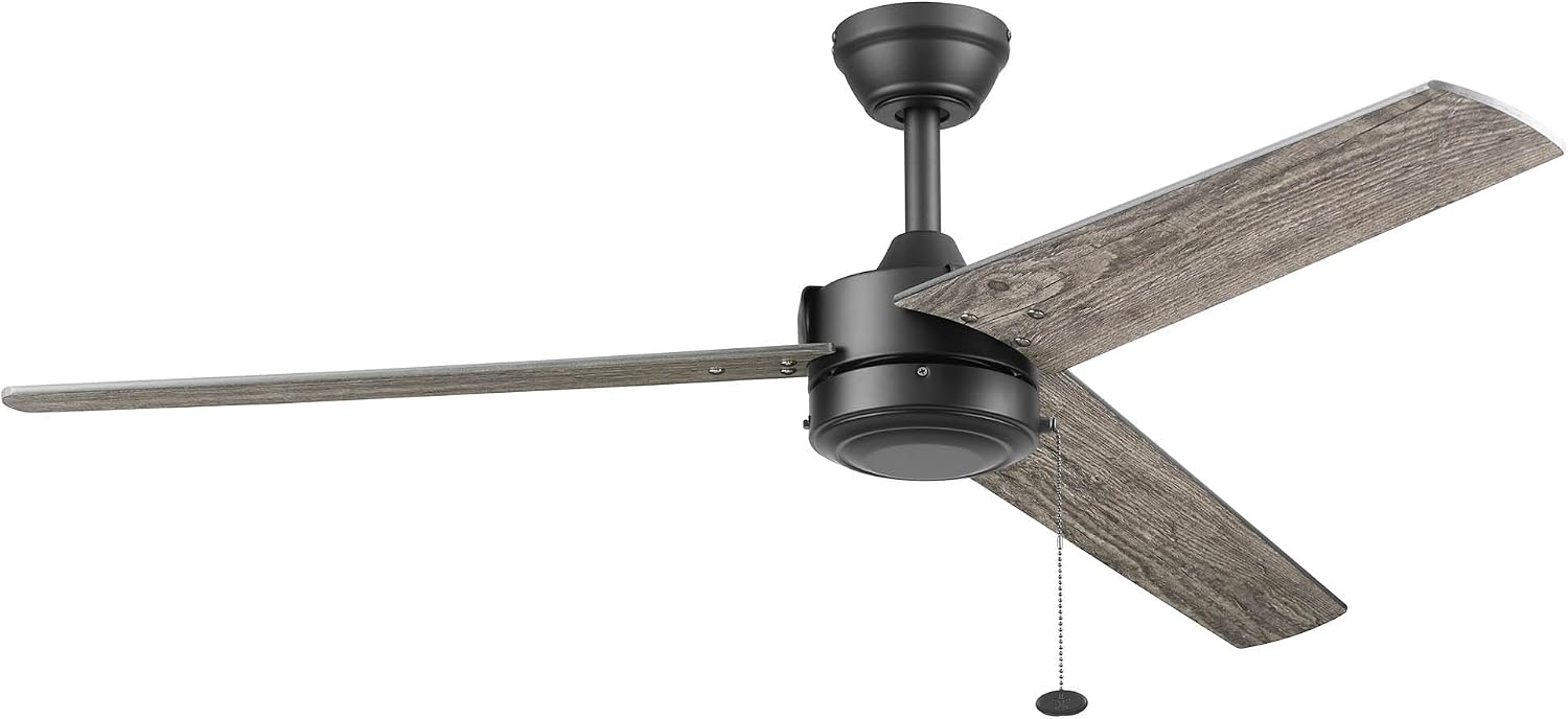 Prominence Home Tenant, 52 Inch Contemporary Indoor Outdoor LED Ceiling Fan, No Light, Pull Chain, Dual Mounting Options, 3 Dual Finish Blades, Reversible Airflow - 51866-01 (Matte Black)