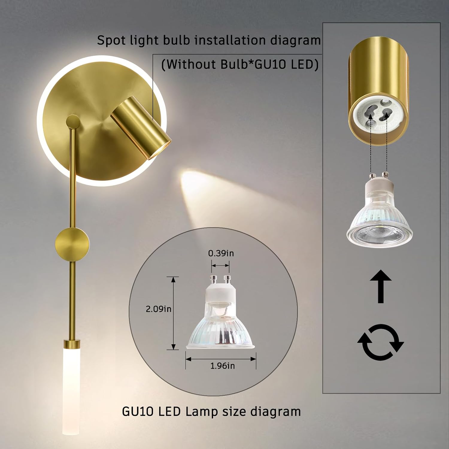 Hyunbae Wall Sconces, 3-Light Sources Gold Wall Lights, 360° Adjustable Spotlight, Dimmable Modern Gold Wall Sconce Vanity Light Fixtures, LED Wall Lighting for Living Room Bedroom Hallway