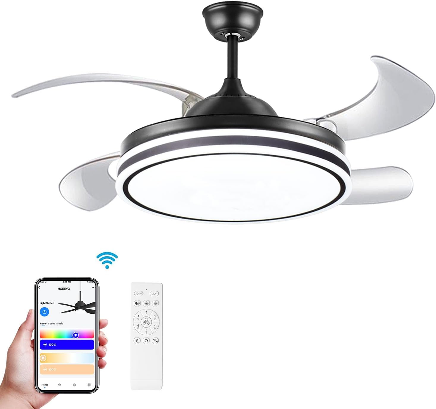 Retractable Ceiling Fan with Lights, Bluetooth Speaker - 42'' Color Changing Black Ceiling Fan, Alexa/Google App Control, Invisible Blades, Dimmable Lights - Remote Control for Kids Room Bedroom