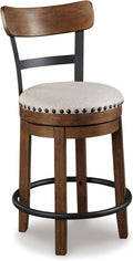 Signature Design by Ashley Valebeck Swivel Barstool With Back, Rustic-Industrial Wood and Metal, 360-Degree Swivel Counter Height Stool for Kitchen Island Seating, Linen Color