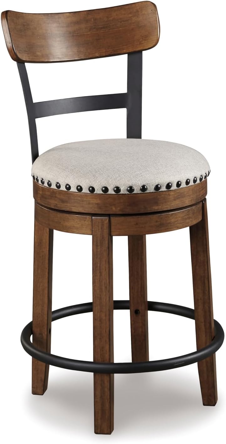 Signature Design by Ashley Valebeck Swivel Barstool With Back, Rustic-Industrial Wood and Metal, 360-Degree Swivel Counter Height Stool for Kitchen Island Seating, Linen Color