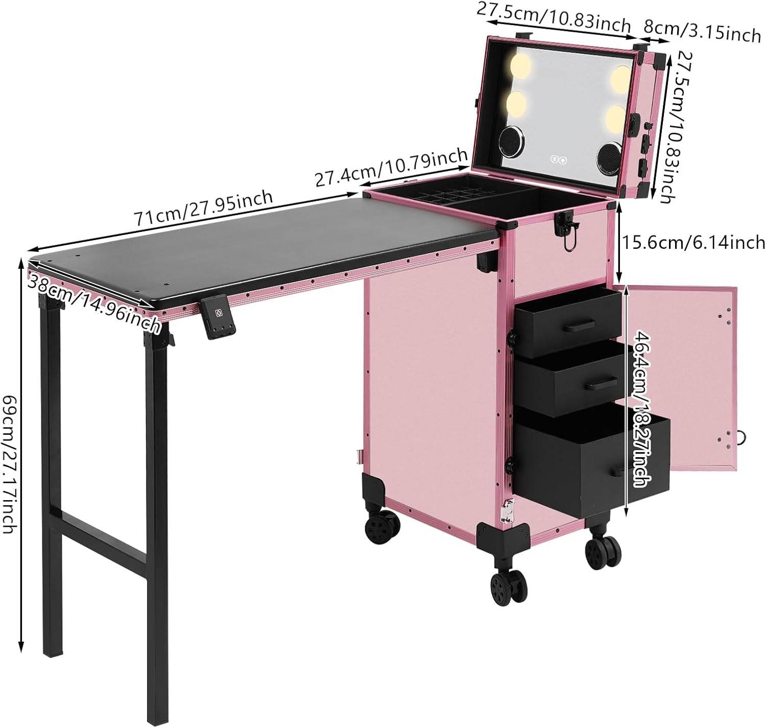 Professional Rolling Makeup Case, Foldable Nail Tables with Detachable Lighted Mirror, Travel Cosmetic Trolley Storage Organizer with Drawers & Bluetooth Speaker, Manicure for Artist (Black, Pink)