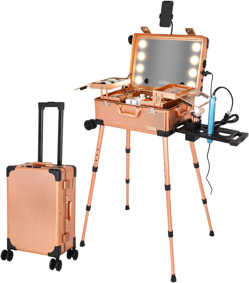 20' Aluminum Ligthed Makeup Train Case with LED Lights Professional Cosmetic Organizer Studio with Speaker, Wheels and Stands Rolling Trolley Makeup Vanity Station for Travel (Rose Gold)