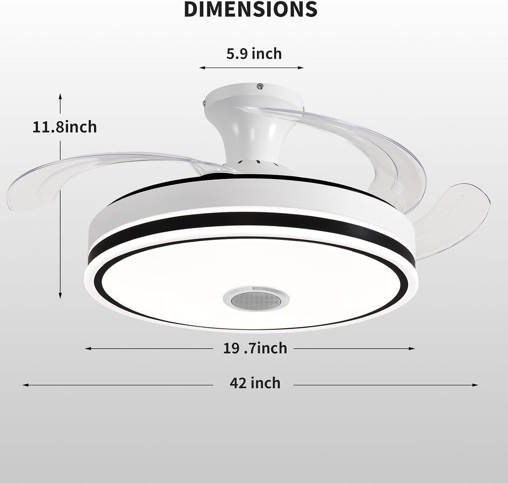 42'' Retractable Ceiling Fan with Lights, Smart Ceiling Fan Light with Bluetooth Speaker, App Control for Dimming & RGB Color Change Reversible Bedroom Living Room