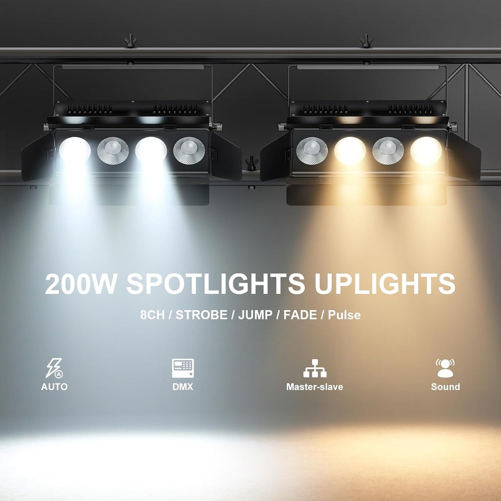 Stage Lights with Barn Doors, 4x50W LED Par Can Lights DMX512 Sound Activated, Cool White and Warm White COB Spotlights Uplights for Events Wedding Parties Concert Church Theater Christmas Packs of 4