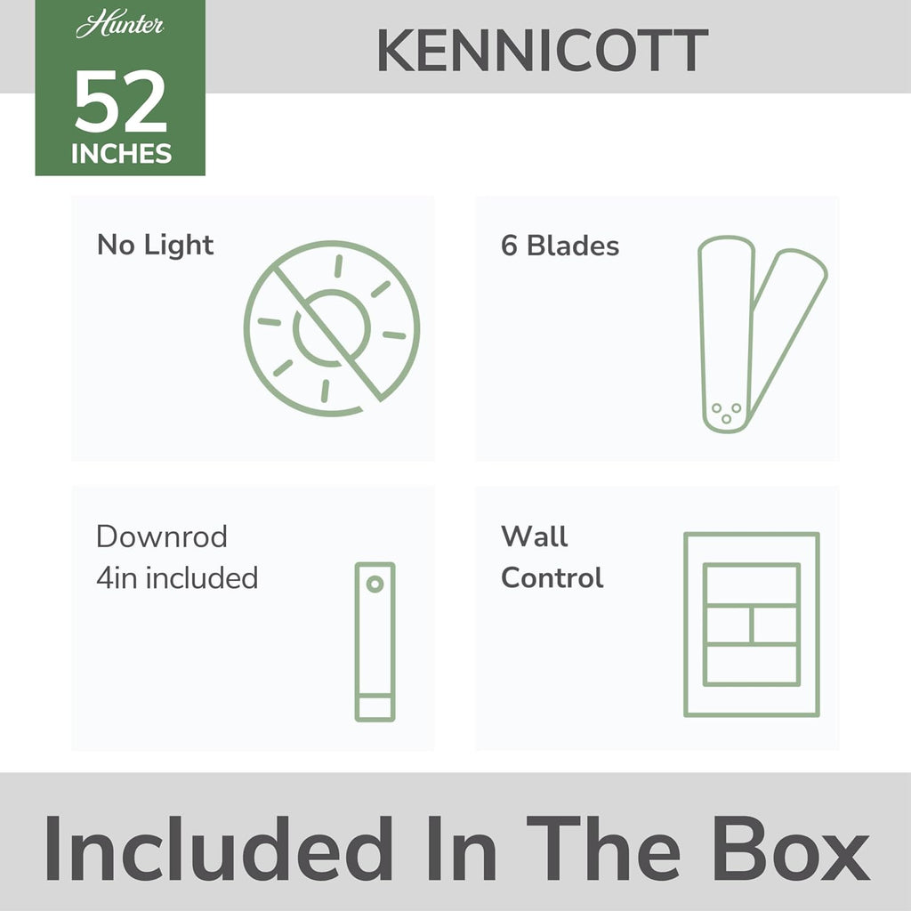 Hunter 52' Kennicott Indoor/Outdoor Ceiling Fan, Wall Control, Luxe Gold | SureSpeed high velocity airflow and no-light design suit covered patios, porches, bedrooms, or living rooms with easy setup.